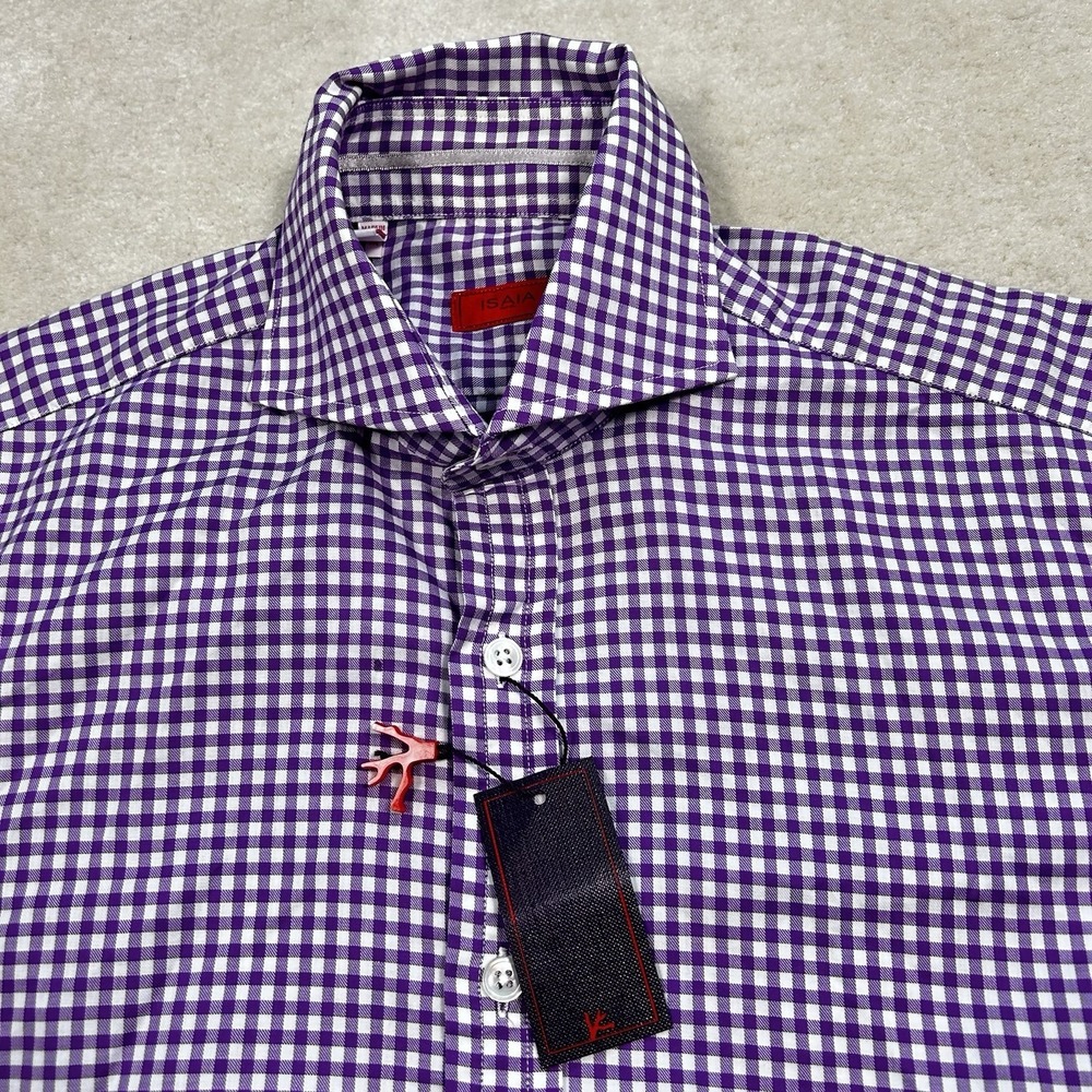 Isaia Shirt Mens 15 38 Regular Fit Long Sleeve Dress Oxford Button Up Check